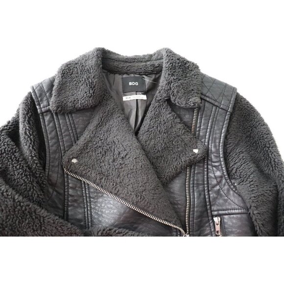 BDG Urban Outfitters Women's Medium Black Moto Jacket Teddy Sleeve Vegan Bomber - Picture 3 of 7